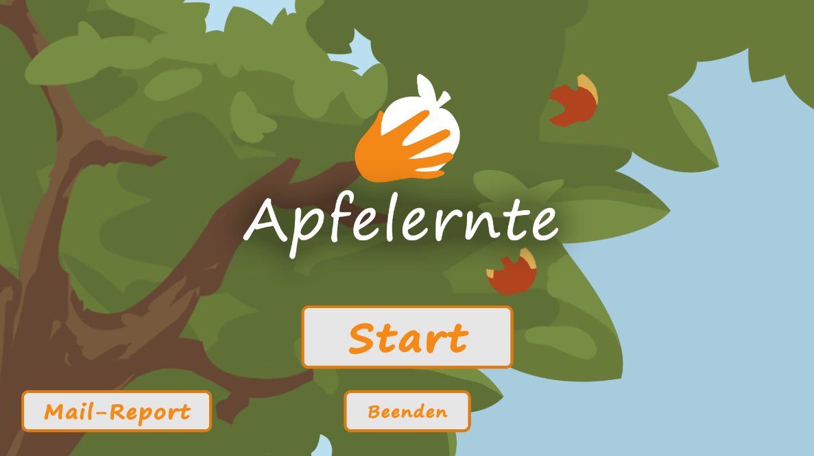 Bewegungswelt Apfelernte – Startbildschirm mit Apfelbaum-Kulisse