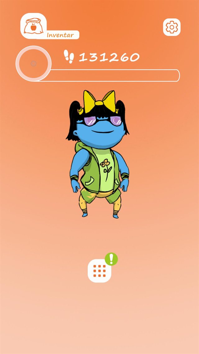 POLKI-Go – Hauptbildschirm mit Maskottchen und Schrittzähler