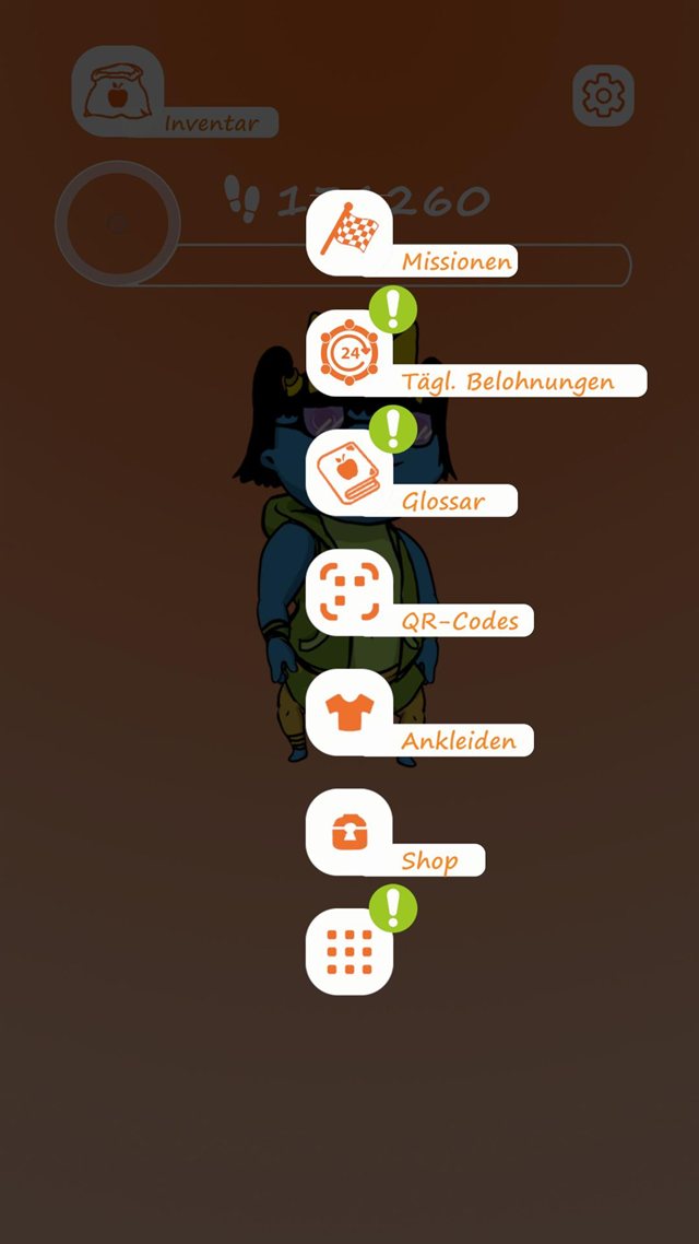 POLKI-Go – Menü mit Missionen, täglichen Belohnungen, Glossar und Shop